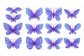 Set hand drawn butterfly with various blue wings. Colorful magic girlish fashion cliparts. Vector stock illustration Royalty Free Stock Photo