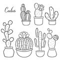 Set of hand drawn cacti in pots Royalty Free Stock Photo