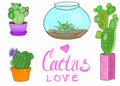 A set of hand drawn cactuses in pots. Royalty Free Stock Photo