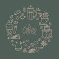 Set of hand drawn cafe theme. Doodles for coffee, bakery for cafe menu, pastry shop. Banner for menu and recipes