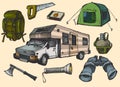 Set of hand drawn camping equipment symbols and icons, vector illustration for your application , project.