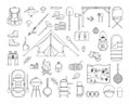 Set of hand drawn camping and hiking equipment. Hike icon.Travel and vacation doodle collection. Royalty Free Stock Photo