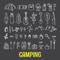 Set of hand drawn camping and hiking equipment. Hike icons. Tra Royalty Free Stock Photo