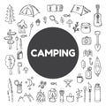 Set of hand drawn camping and hiking equipment. Hike icons. Tra