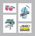 Set of hand drawn cards with lettering. inscriptions: Enjoy summer, paradise, hot summer, chill out. Postcards