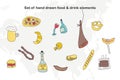 Set of hand drawn cartoon food and drink elements. Vector illustration