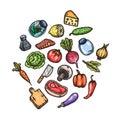 Set of hand drawn cartoon images of food and kitchen stuff. Royalty Free Stock Photo