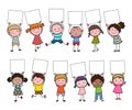 Set of hand drawn cartoon kids holding blank sign Royalty Free Stock Photo