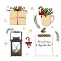 Set of hand drawn cartoon Merry Christmas And Happy New Year elements. Vector Doodle Lantern, greeting box, poinsettia, wreath, Royalty Free Stock Photo