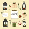 Set of hand drawn cartoon Merry Christmas And Happy New Year elements. Vector Doodle Lantern, greeting box, poinsettia, wreath,