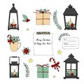 Set of hand drawn cartoon Merry Christmas And Happy New Year elements. Vector Doodle Lantern, greeting box, poinsettia, wreath,