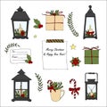 Set of hand drawn cartoon Merry Christmas And Happy New Year elements. Vector Doodle Lantern, greeting box, poinsettia, wreath, Royalty Free Stock Photo
