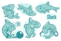 Set of hand drawn cartoon sharks. Sea life illustration. Vector Royalty Free Stock Photo