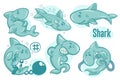 Set of hand drawn cartoon sharks. Sea life illustration. Vector