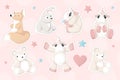 Set of hand drawn cartoon style stickers, animals and unicorns collection