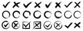 Set hand drawn check mark, tick and cross brush signs, checkmark OK and X icons, symbols YES and NO button, checkbox chalk icons