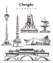 Set of hand-drawn Chengdu buildings.Chengdu buildings and temples elements sketch vector illustration