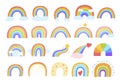 Set hand drawn childish cartoon rainbow vector flat illustration. Multicolored bright natural arch