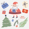 set of hand drawn Christmas cartoon stickers with Santa Claus and Christmas tree Royalty Free Stock Photo