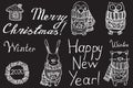 Set of hand drawn Christmas decorations and animals for card, banner, textile. Royalty Free Stock Photo