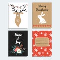 Set of hand drawn Christmas greeting cards, invitations with bunny, deer, snowflakes and winter flowers. Isolated vector