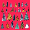 Set of hand drawn christmas tree, bell, gift, candy,balls on red background. Holiday decoration isolated elements. Vector Royalty Free Stock Photo