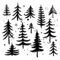 Set of hand drawn Christmas tree. Fir tree silhouettes. Vector illustration. Royalty Free Stock Photo