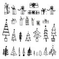 Set of hand drawn christmas tree and gift. Holiday decoration isolated elements. Vector illustration. Use for Greeting Scrapbookin