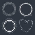 Set of hand drawn circle frame scribbles with stars, heart shape, sun rays doodles and dots