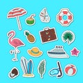 Set of hand drawn colored beach objects stickers. Vector summer travel doodle elements illustration