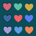 Set of hand-drawn colored hearts decorated with patterns and stitches. Design elements isolated from the background Royalty Free Stock Photo