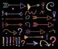 Set of Hand drawn colorful chalk arrows vector.