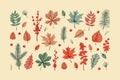 Set of hand drawn colorful forest design elements. Autumn clipart. Vector illustration. Realistic colored sketch