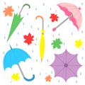 Set of Hand Drawn Colorful Umbrellas, Maple Leaves and Drops. Perfect for Print. Flat Umbrellas. Royalty Free Stock Photo