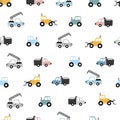 Set of hand drawn construction vehicles baby seamless pattern vector with tractor and truck on white background Cute design,