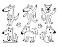 set of hand-drawn contour stylized funny wolves, for coloring