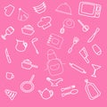 Set of hand drawn cookware. Kitchen pink girl background. Doodle kitchen equipments.