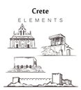 Set of hand-drawn Crete buildings, elements sketch vector illustration