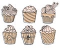 Set of hand drawn cupcakes. A black outline with the addition of pastel colored spots, doodles, icons for food industry Royalty Free Stock Photo