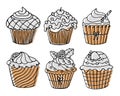 Set of hand drawn cupcakes. A black outline with the addition of pastel colored spots. Minimal design, doodles, icons