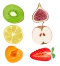 Set of hand drawn cut fruits and berries. Kiwi, figs, lemon, apple, apricot, strawberry. texture drawing