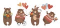 Set of Hand drawn cute bears: on the bicycle, with bouquet of flowers, feathers and balloons for decoration cards or