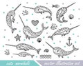 Set of hand drawn cute funny narwhals. Doodle whales for print designs, posters, t-shirts. Cartoon characters. Royalty Free Stock Photo