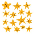 Set of hand drawn cute and funny stars. Cartoon comic style