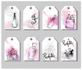 A set of hand drawn cute gift tags. Beautiful perfume bottle. Fashion and beauty background. Vector.