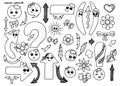 Set of hand drawn cute smiling kawaii punctuation marks, accessories and nature elements in doodle style. Royalty Free Stock Photo