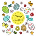 A set of hand-drawn cute stickers for Easter - colorful eggs, flowers and butterflies.