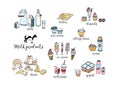 Set of hand drawn dairy products. Cheese, milk shake, butter, yogurt, cottage cheese, sour cream, desserts, cow. Vector