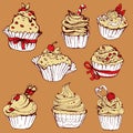 Set of hand drawn decorated sweet cupcakes - elements for cafe,