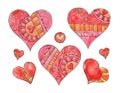 Set of hand drawn decorative stylized love hearts.